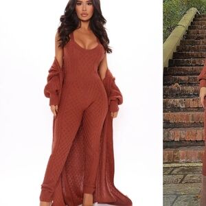 Fashion Nova Rust Knit Jumpsuit with Cardigan